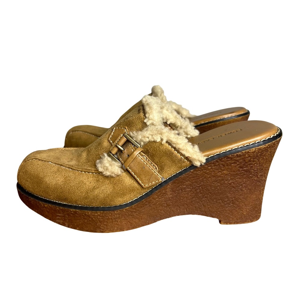 Lower East Side Y2K‎ Tan Faux Suede Sherpa Lined Wedge Mule Shoes Size 7.5